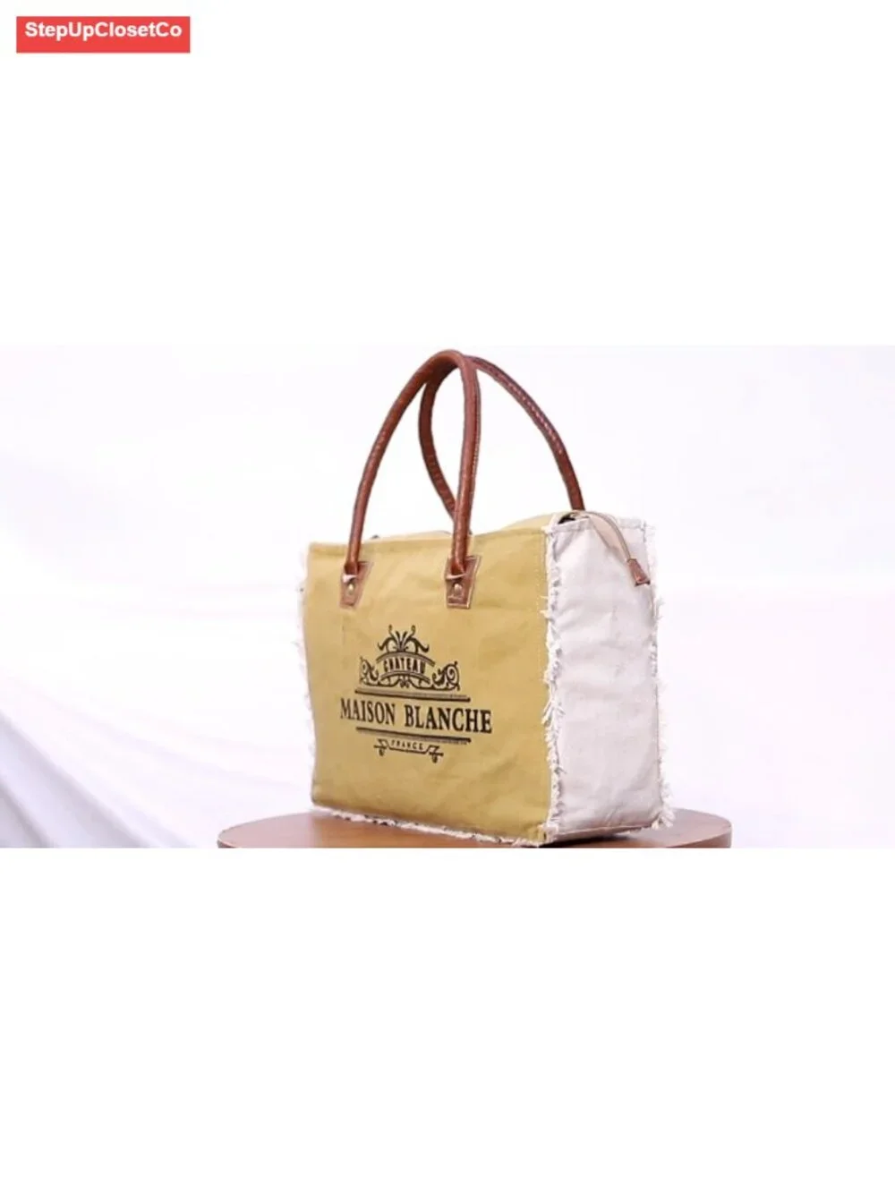 Upcycled Canvas Leather Handbag Tote Messenger Bag Zip Closure